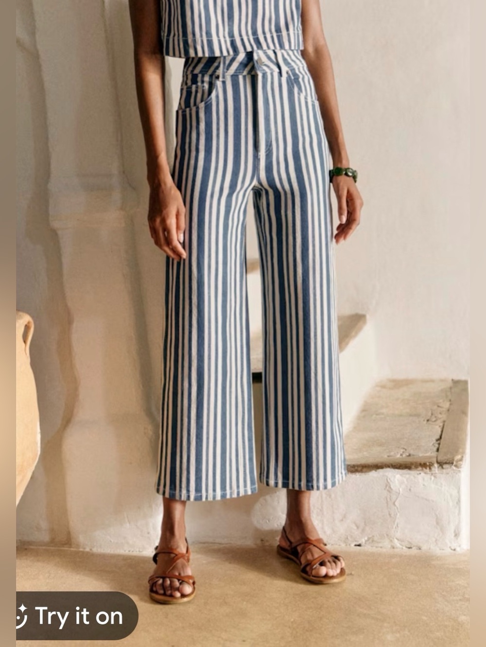 Sezane Swim Stripe Wide-Leg Cropped Denim - Blue & White FR 40 US 8